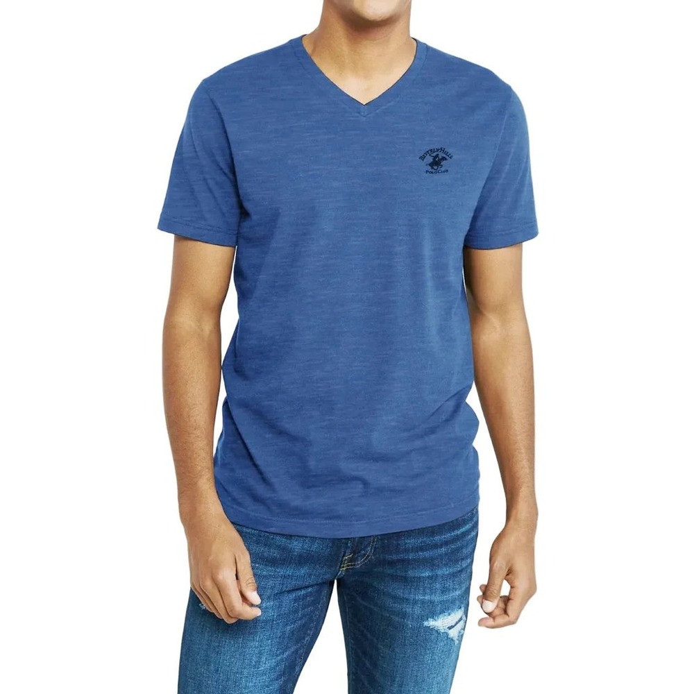 Beverly‎ Hills Polo Club Mens V-Neck T-Shirt Blue Heather Slub Knit Logo Large